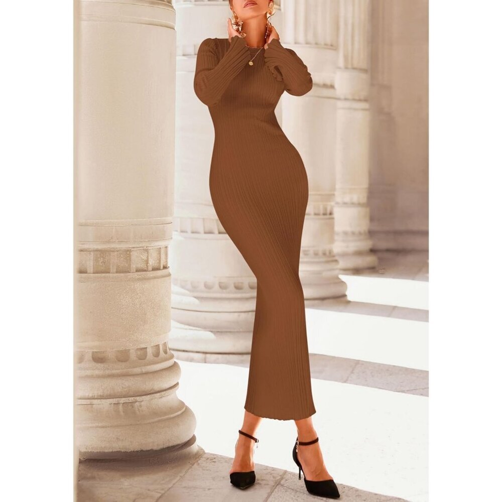 Women's Caramel Fall Bell Long Sleeve Crew Neck Bodycon Sweater Maxi Dress - Picture 4 of 7
